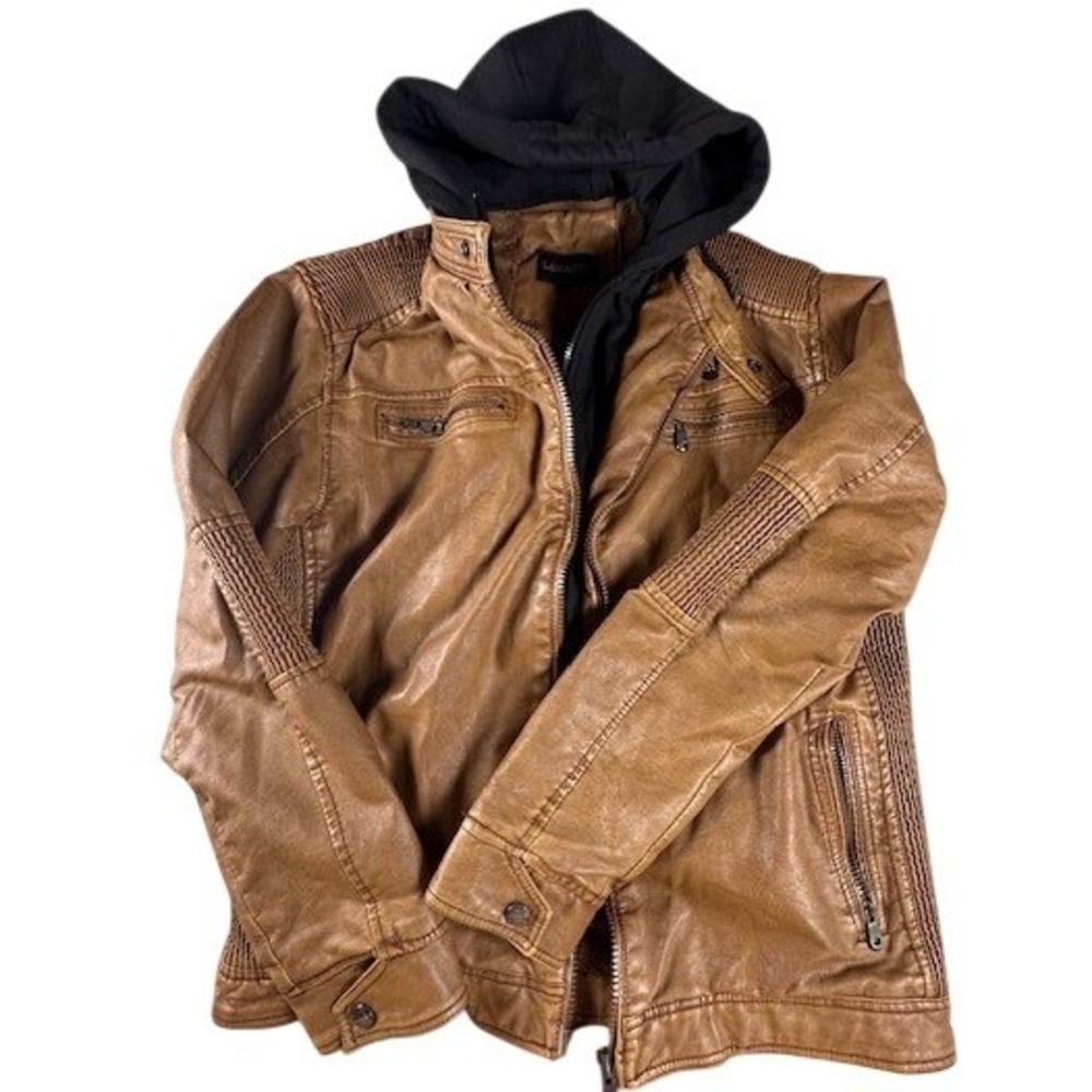 Lamasini Jacket Mens 2XL Brown Faux Leather Hooded Moto Biker Ribbed Padded Zip